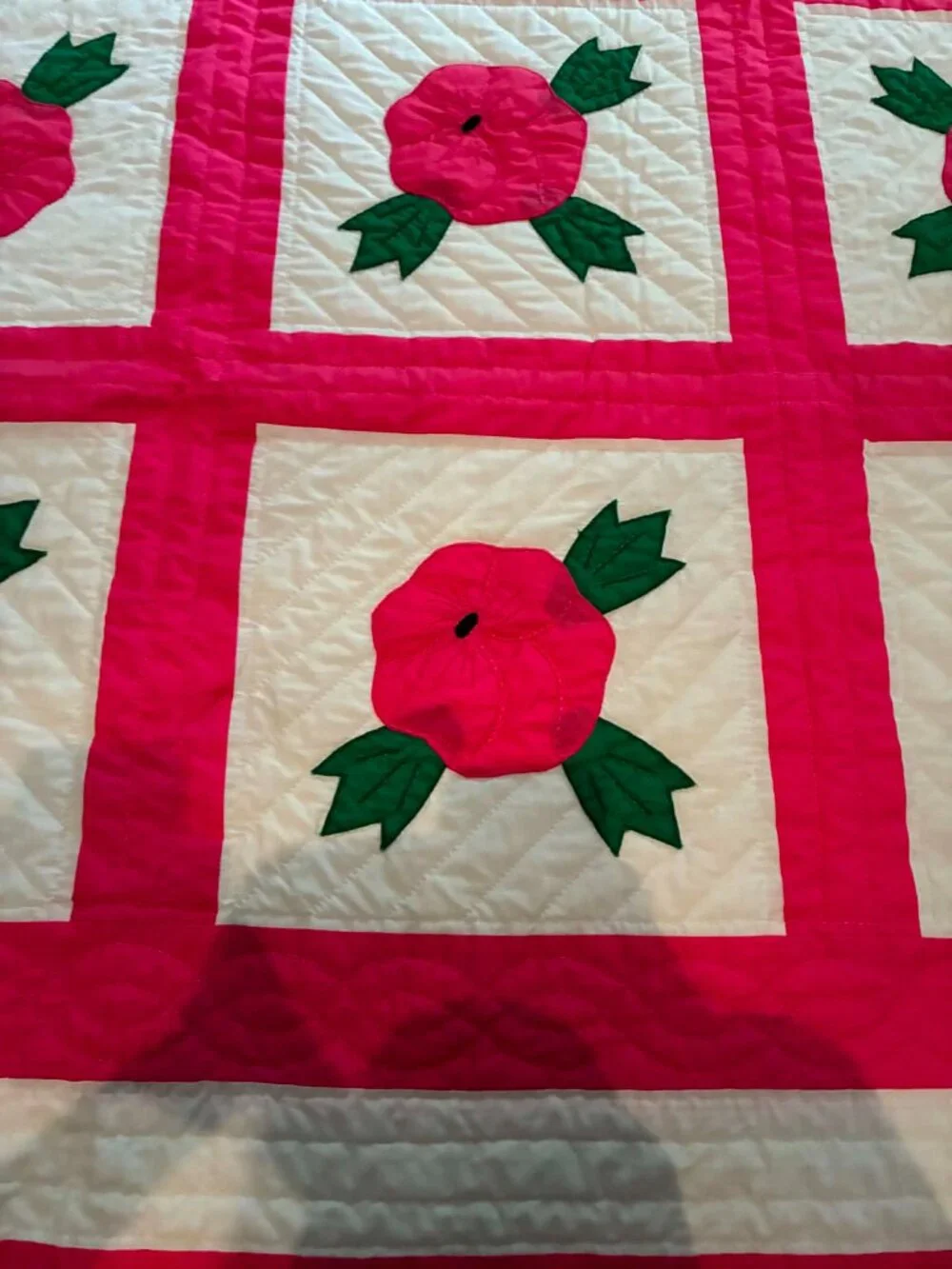 Beautiful Hand Quilted Embroidered Pansy Applique Quilt 73x87